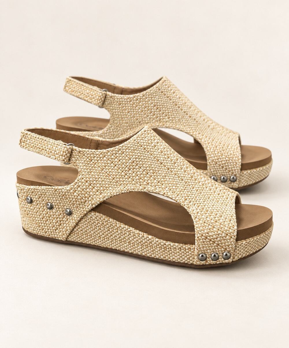 Corkys Volta II Raffia Wedge Sandals Beige Slingback Studded Womens 8